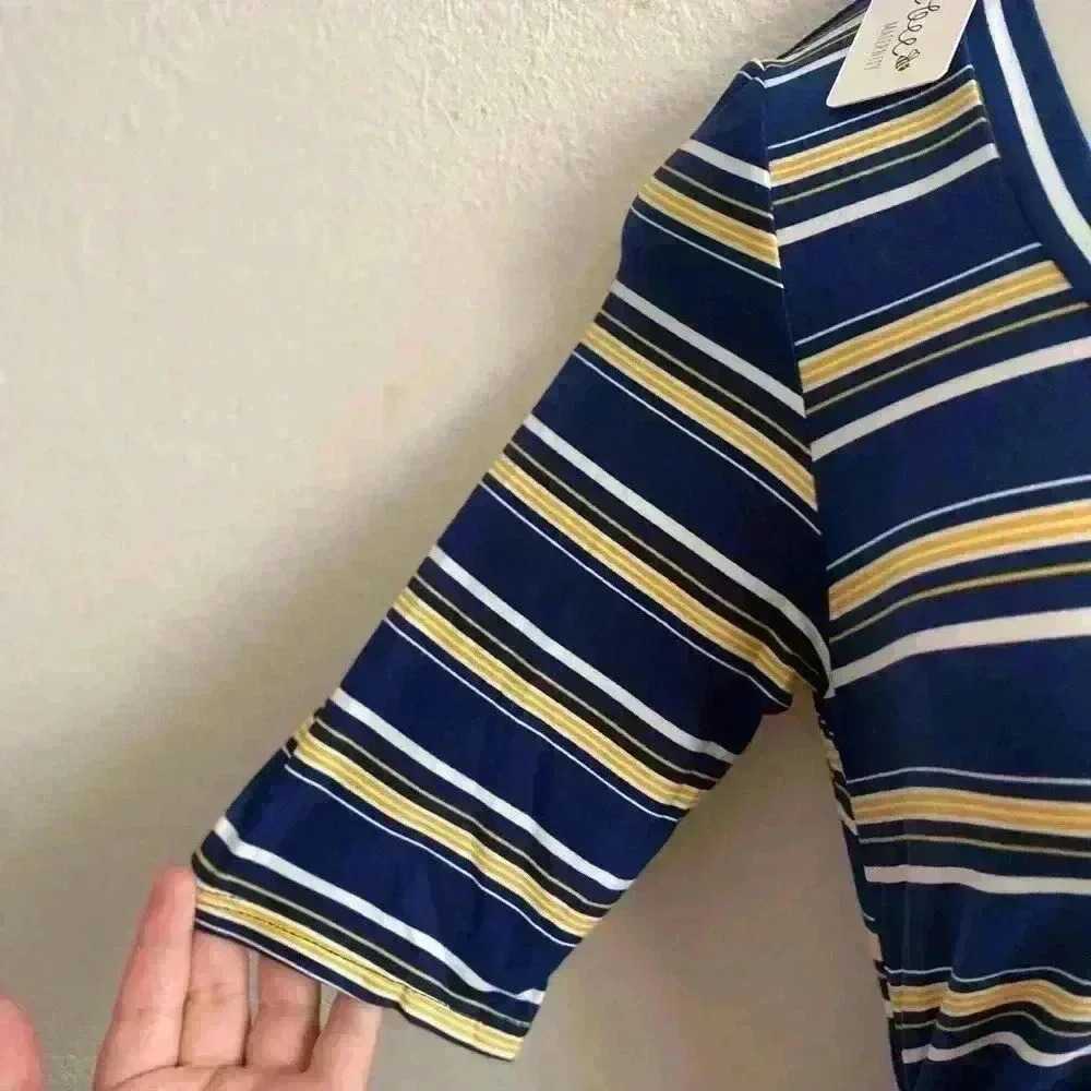 🆕 Mother Bee Maternity Navy Stripe Ruched Dress L🆕 - Picture 7 of 11